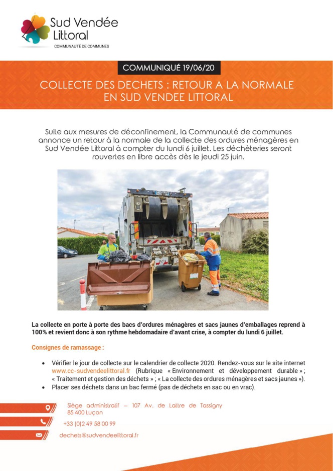 Collecte des déchets: retour à la normale en Sud Vendée Littoral