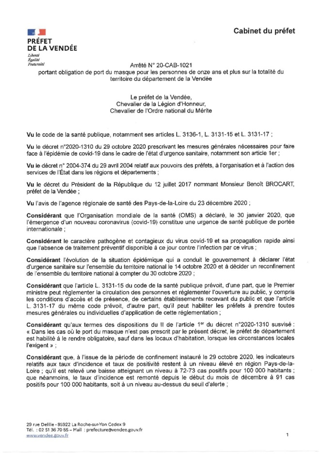 Obligation du port du masque sur l'ensemble du territoire du département de la Vendée jusqu'au 15 janvier 2021 inclus
