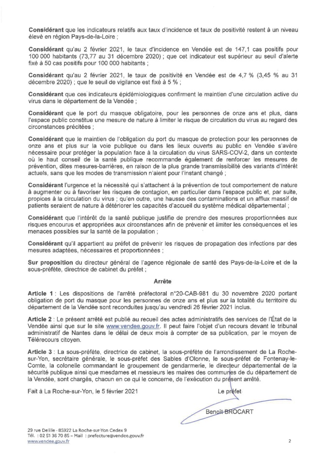 Obligation du port du masque sur l'ensemble du territoire de la Vendée jusqu'au 26 février 2021 inclus