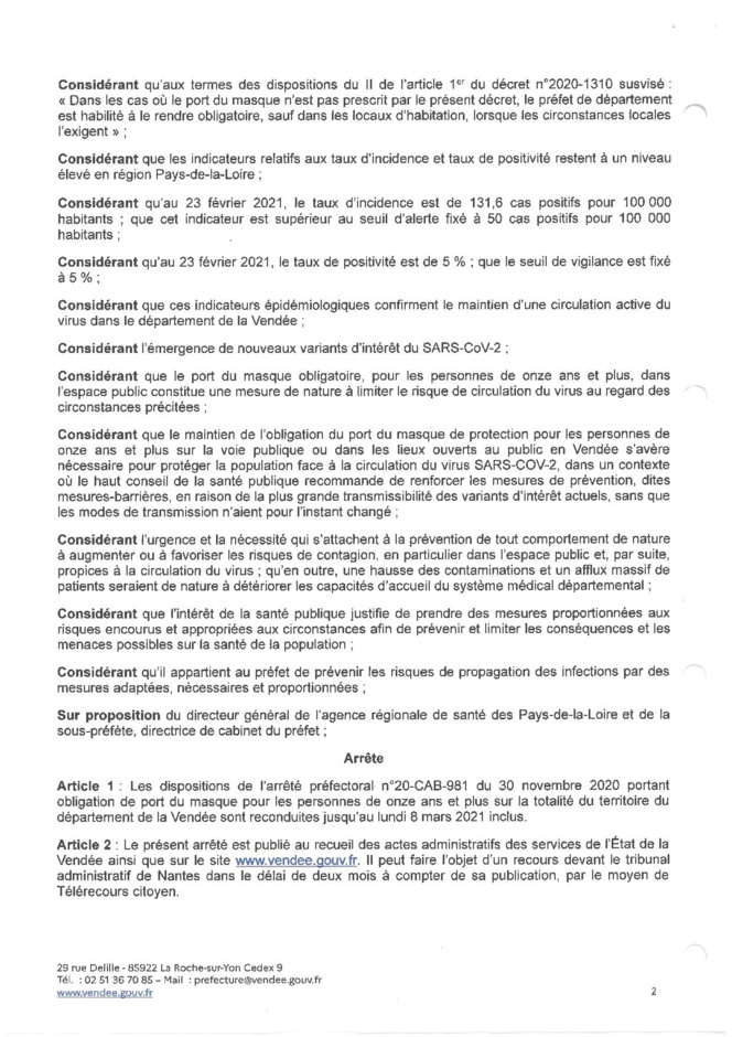 Obligation du port du masque pour les personnes de onze ans et plus sur la totalité du département de la Vendée jusqu'au lundi 8 mars 2021 inclus