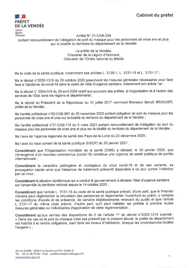 Obligation du port du masque pour les personnes de onze et plus sur la totalité du territoire du département de la Vendée jusqu'au mercredi 19 mai 2021 inclus.