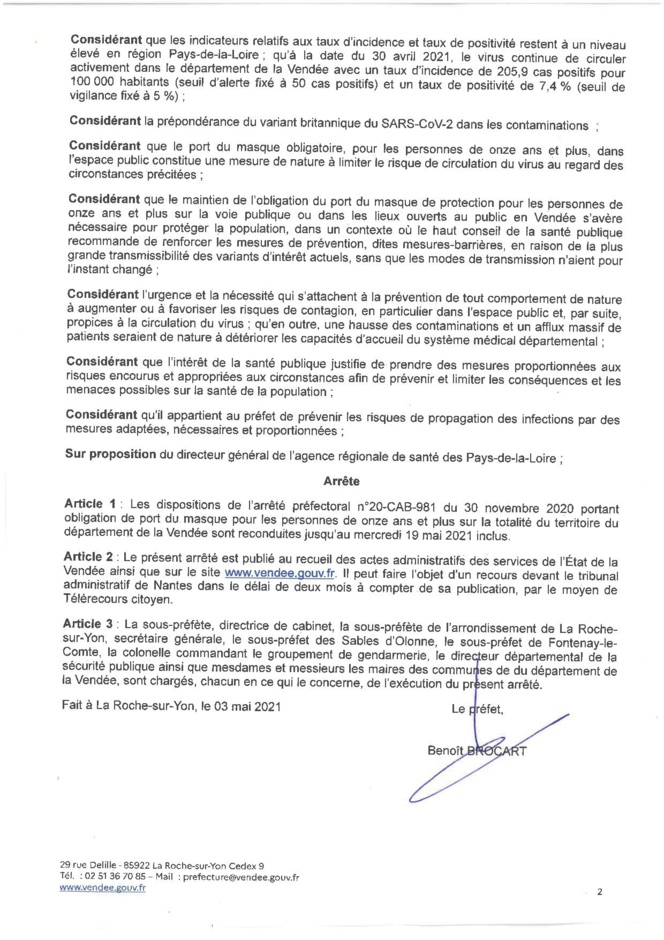 Obligation du port du masque pour les personnes de onze et plus sur la totalité du territoire du département de la Vendée jusqu'au mercredi 19 mai 2021 inclus.