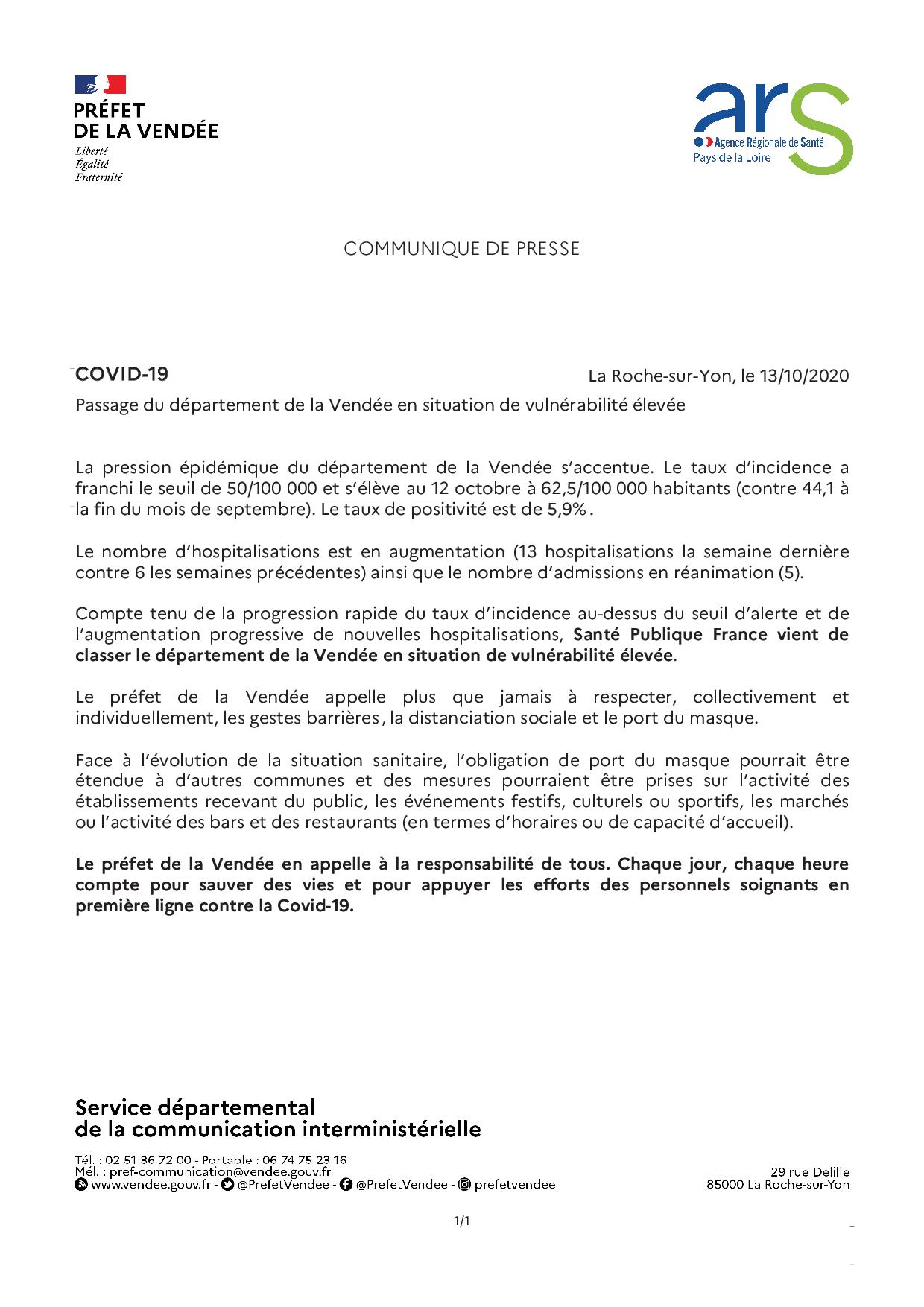 Communiqué de Presse: Passage du département de la Vendée en situation de vulnérabilité élevée