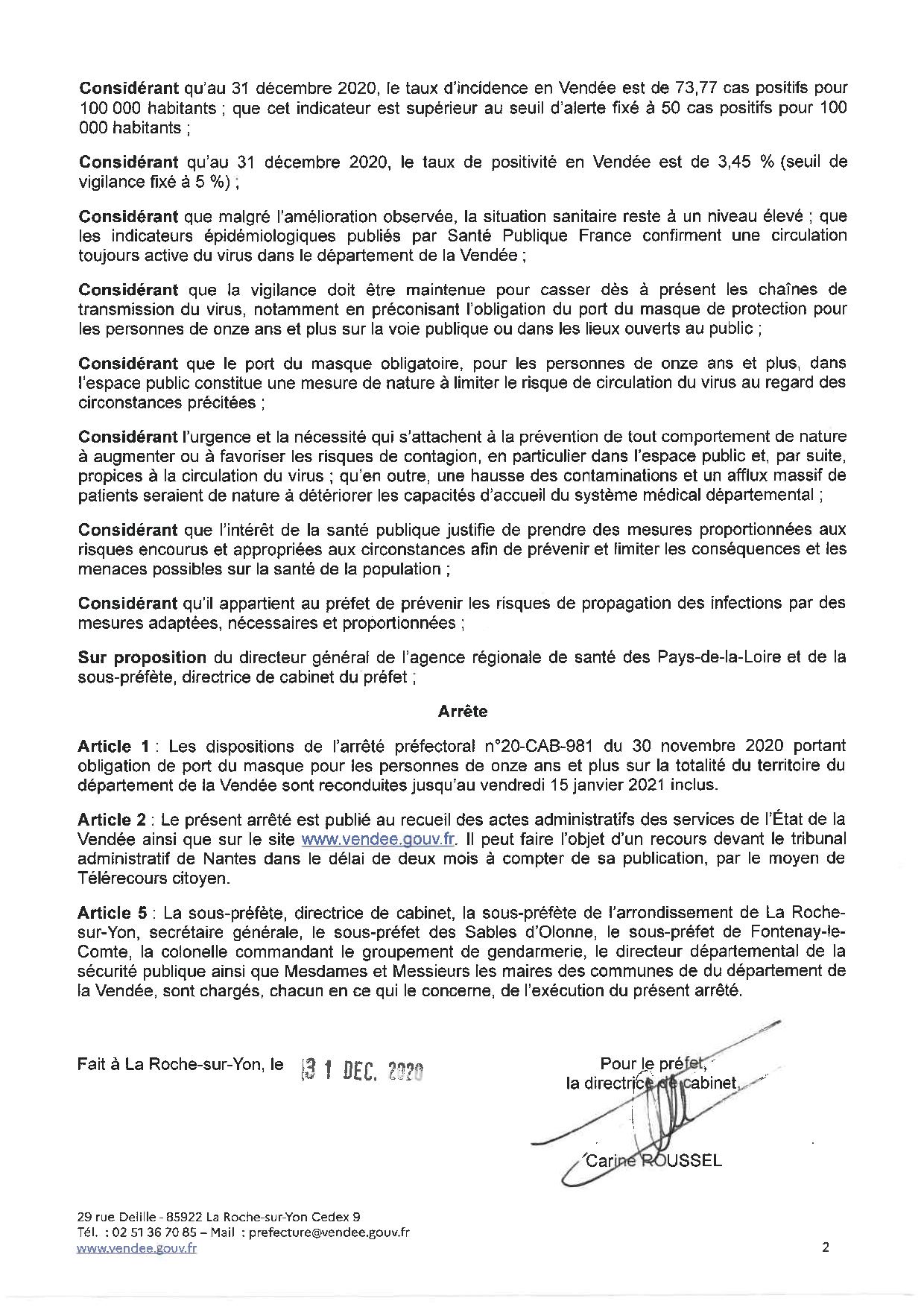 Obligation du port du masque sur l'ensemble du territoire du département de la Vendée jusqu'au 15 janvier 2021 inclus