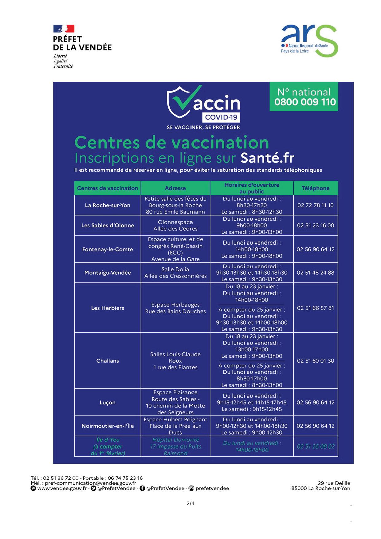 Communiqué de presse - ouverture des 9 centres de vaccination en Vendée