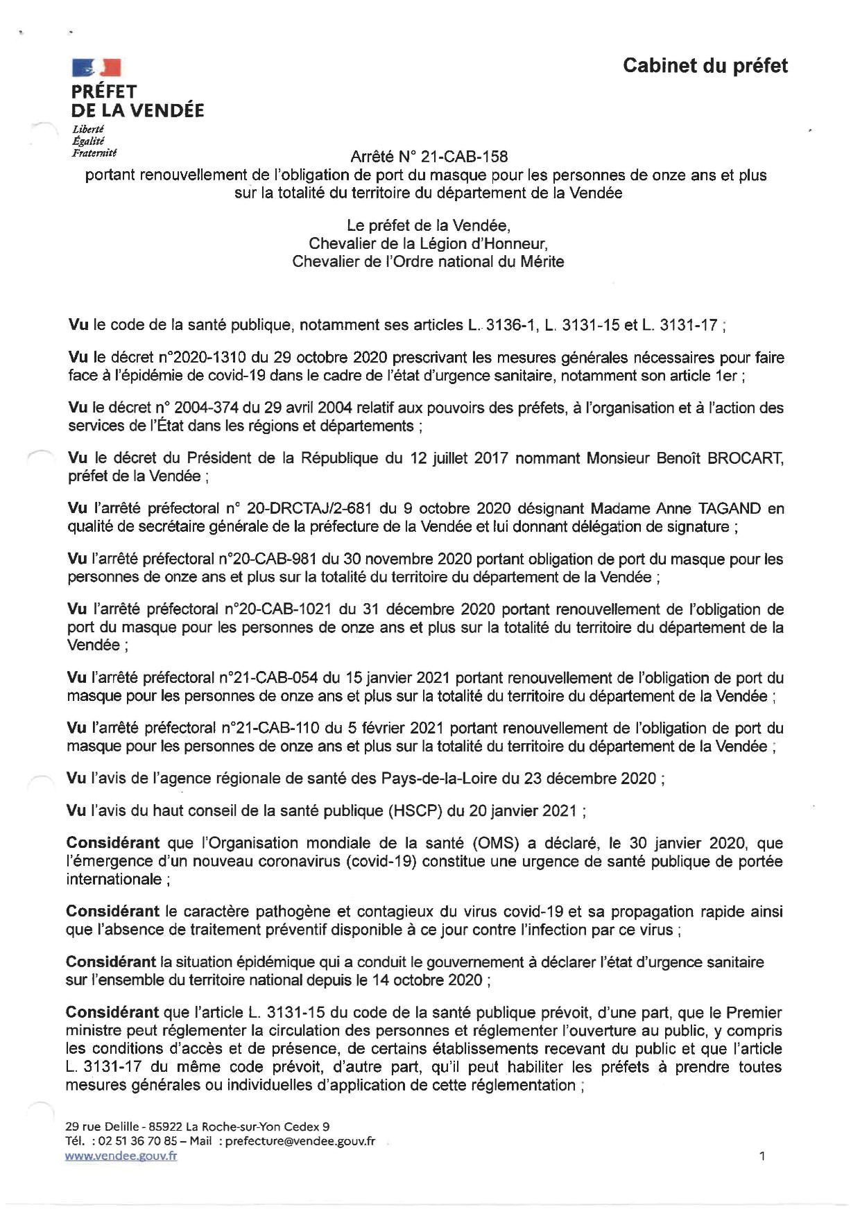 Obligation du port du masque pour les personnes de onze ans et plus sur la totalité du département de la Vendée jusqu'au lundi 8 mars 2021 inclus