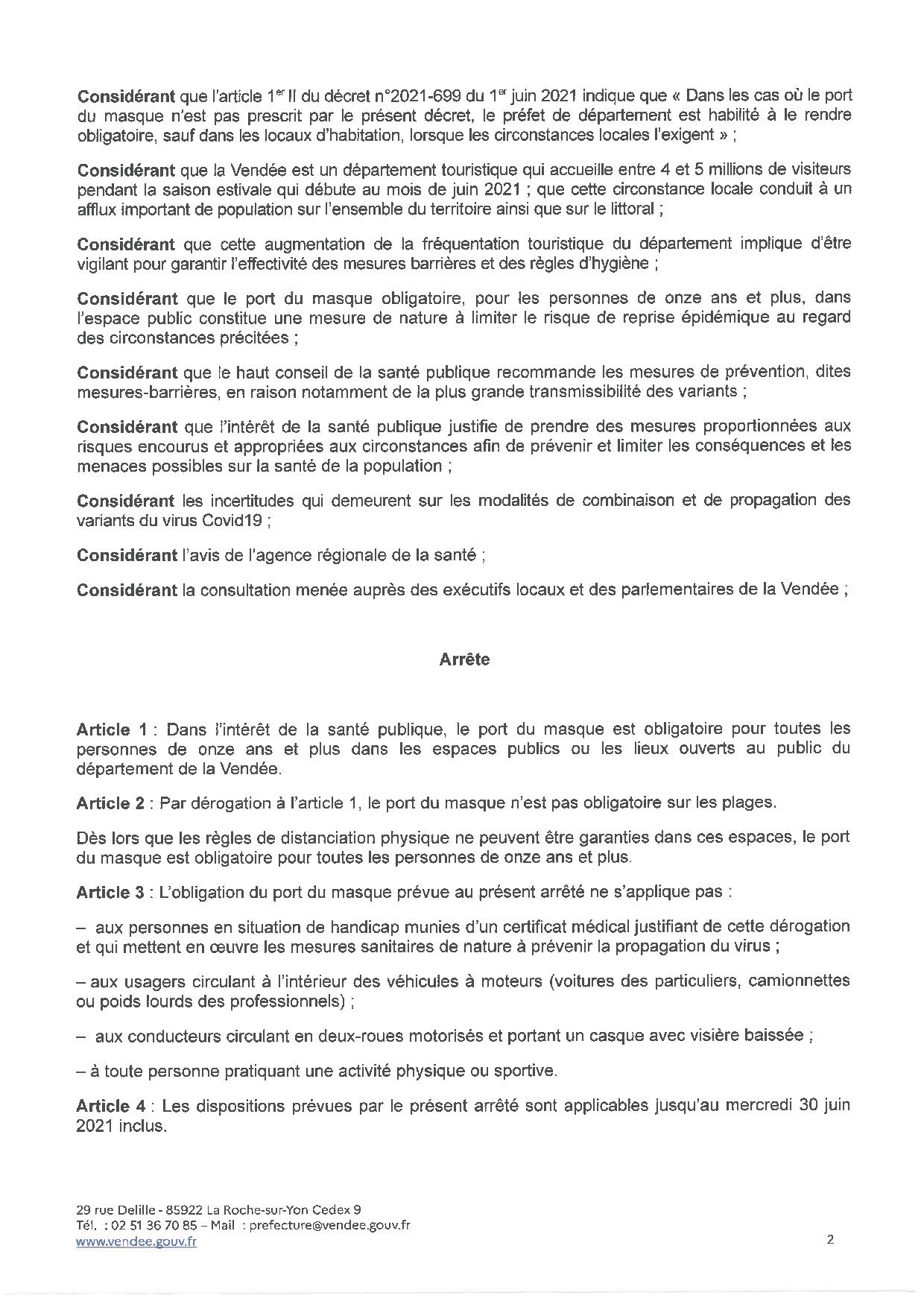 Evolution de l'obligation du port du masque pour les personnes de onze et plus dans toutes les communes du département de la Vendée
